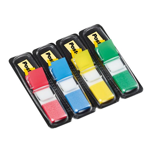 Post-it Index Flags, Small, Yellow, Red, Blue and Green, 11.9 mm x 43.2 mm, 35 Flags/Dispenser, 4 Dispensers/Pack