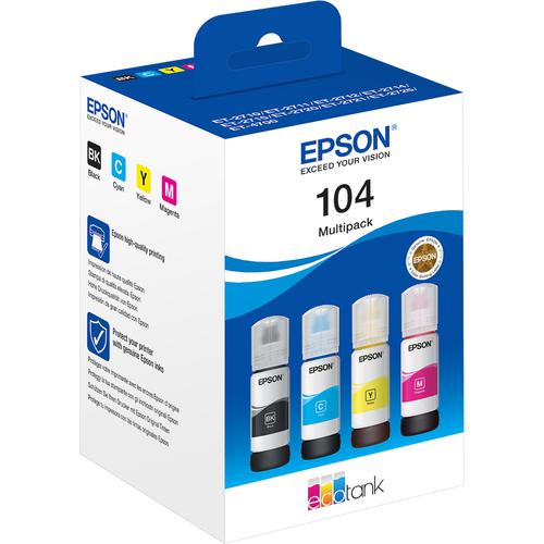 Epson C13T00P640 (104) Ink Bottle Multi Pack BK C M Y 7.5k Pages 65ml