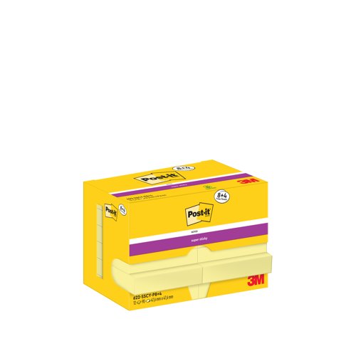 Post-it Super Sticky Notes, Canary Yellow, 47.6 mm x 47.6 mm, Promo Pack, 90 Sheets/Pad, 8 + 4 FREE Pads/Pack, Cardboard Pack, 100% PEFC SGSCH-PEFC-C