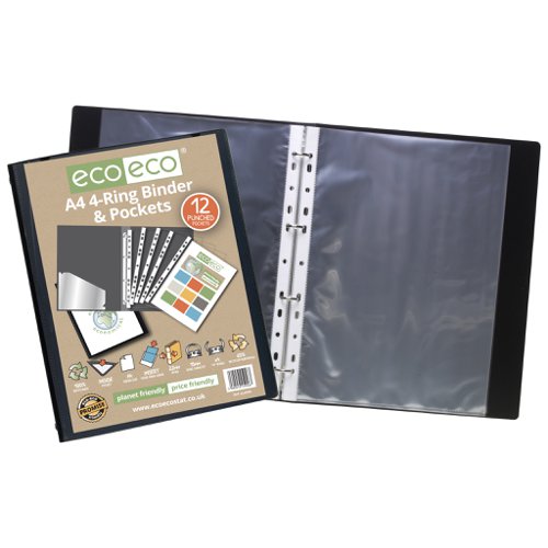 Eco Eco A5, A4 65% Recycled Ring Binder with 12 Multi Punched Pockets - Single