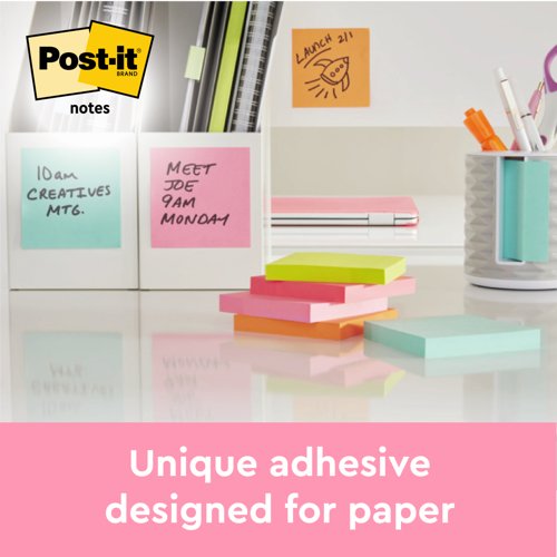 Post-it Notes, Energetic Colour Collection, 76 mm x 127, 76 mm, 100 Sheets/Pad, 6 Pads/Pack, 100% PEFC SGSCH-PEFC-COC-110078