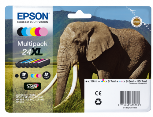 OEM Epson C13T24384011 (24XL) Ink Cartridge Multi Pack BkCMYLCLM High Capacity 740 Pages 500 Pages + 5x740 Pages 1x10ml + 3x9ml + 2x10ml Pack=6