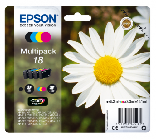 OEM Epson C13T18164012 (18XL) Ink Cartridge Multi Pack BkCMY High Capacity 470 Pages + 3x450 Pages 1x12ml + 3x7ml Pack=4