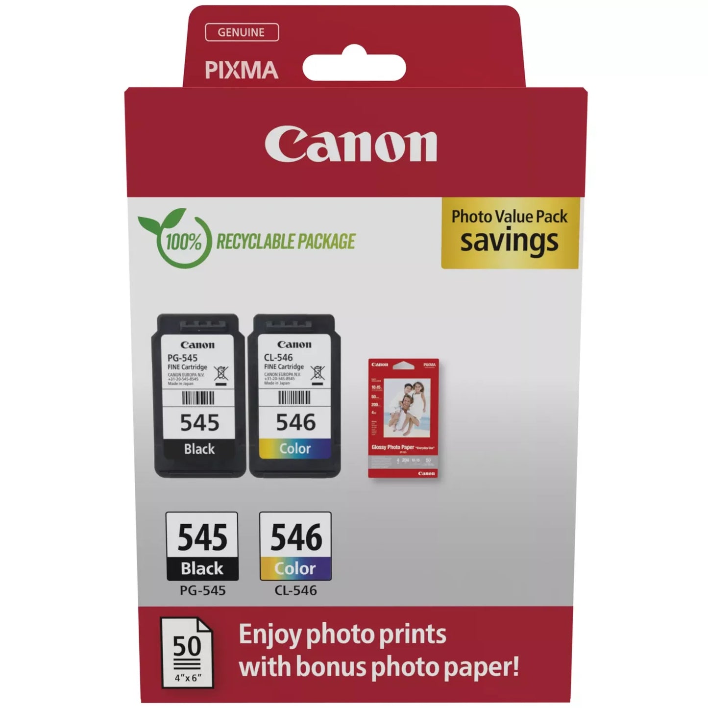 Canon 8287B005 PG545 CL546 Black Cyan Magenta Yellow Standard Capacity Ink Cartridge 2 x 8ml Multipack