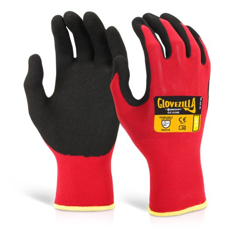 Beeswift Glovezilla Nitrile Nylon Glove Red M, 2XL, XL (Pack of 10)