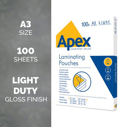 Apex Laminating Pouch A3 Light Duty - 100pk