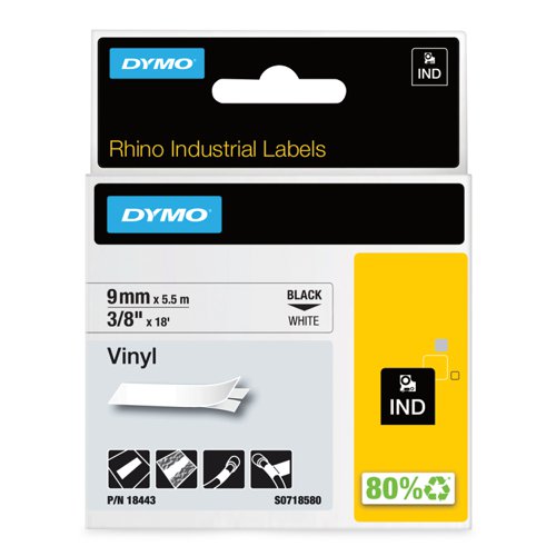 OEM Dymo 18443/S0718580 Ribbon Vinyl black on white 9mm x 5.5m for Dymo Rhino 6-12mm/19mm/24mm