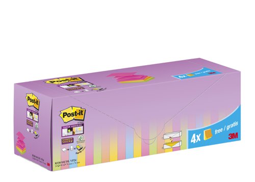Post-it Super Sticky Z-Notes, Assorted Colours, 76 mm x 76 mm, Promo Pack, 90 Sheets/Pad, 20 + 4 FREE Pads/Pack, Cardboard Pack, 100% PEFC SGSCH-PEFC