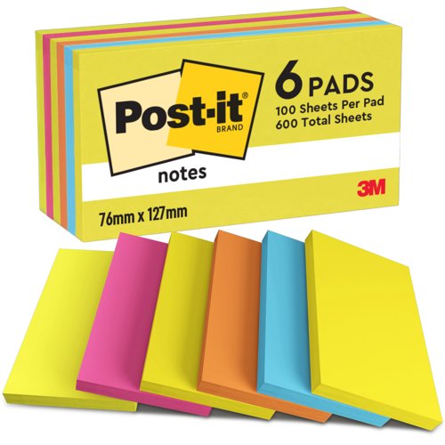 Post-it Notes, Energetic Colour Collection, 76 mm x 127, 76 mm, 100 Sheets/Pad, 6 Pads/Pack, 100% PEFC SGSCH-PEFC-COC-110078