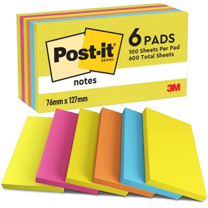 Post-it Notes, Energetic Colour Collection, 76 mm x 127, 76 mm, 100 Sheets/Pad, 6 Pads/Pack, 100% PEFC SGSCH-PEFC-COC-110078