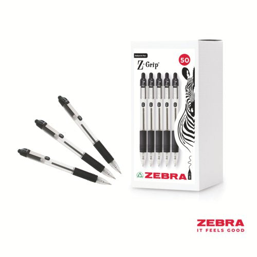 Zebra Z-Grip Retractable Ballpoint Pen Black Ink Pack of 12, Pack of 50