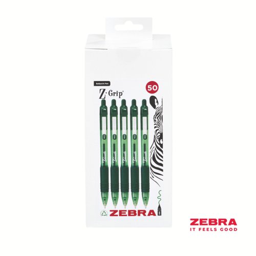 Zebra Z-Grip Smooth Retractable Ballpoint Pen Green, Black Ink - Pack of 50