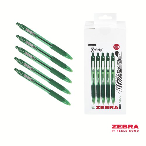 Zebra Z-Grip Smooth Retractable Ballpoint Pen Green, Black Ink - Pack of 50
