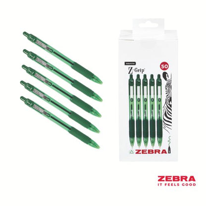 Zebra Z-Grip Smooth Retractable Ballpoint Pen Green, Black Ink - Pack of 50