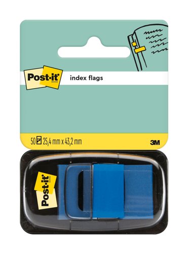 Post-it Index Flags, Medium, Blue, Yellow, 25.4 mm x 43.2 mm, 50 Flags/Dispenser, 1 Dispenser/Pack
