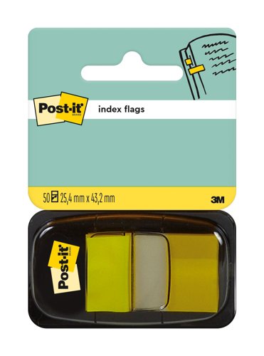 Post-it Index Flags, Medium, Blue, Yellow, 25.4 mm x 43.2 mm, 50 Flags/Dispenser, 1 Dispenser/Pack