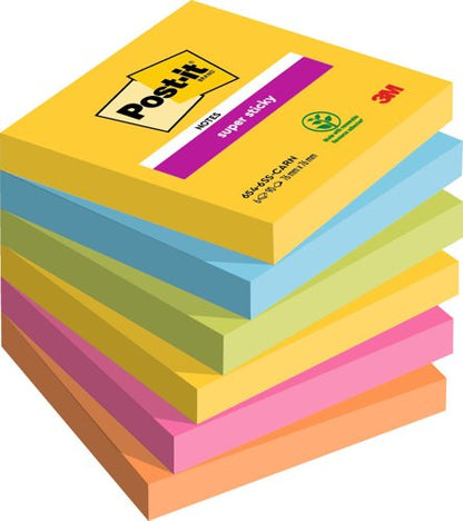 Post-it Super Sticky Notes, Carnival Colour Collection, 76 mm x 76, 127 mm, 90 Sheets/Pad, 6 Pads/Pack, 100% PEFC SGSCH-PEFC-COC-110078