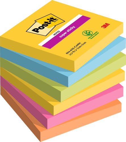 Post-it Super Sticky Notes, Carnival Colour Collection, 76 mm x 76, 127 mm, 90 Sheets/Pad, 6 Pads/Pack, 100% PEFC SGSCH-PEFC-COC-110078