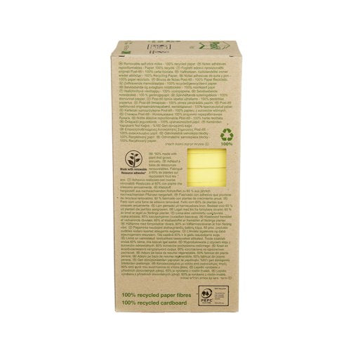 Post-it Recycled Notes, Canary Yellow, 76 mm x 76 mm, 100 Sheets/Pad, 16 Pads/Pack, 100% PEFC Recycled SGSCH-PEFC-COC-110078