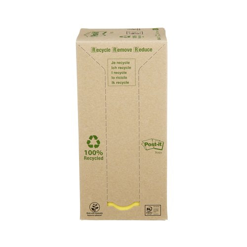 Post-it Recycled Notes, Canary Yellow, 76 mm x 76 mm, 100 Sheets/Pad, 16 Pads/Pack, 100% PEFC Recycled SGSCH-PEFC-COC-110078