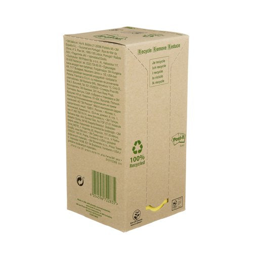 Post-it Recycled Notes, Canary Yellow, 76 mm x 76 mm, 100 Sheets/Pad, 16 Pads/Pack, 100% PEFC Recycled SGSCH-PEFC-COC-110078