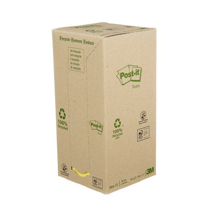 Post-it Recycled Notes, Canary Yellow, 76 mm x 76 mm, 100 Sheets/Pad, 16 Pads/Pack, 100% PEFC Recycled SGSCH-PEFC-COC-110078