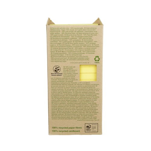 Post-it Recycled Notes, Canary Yellow, 76 mm x 76 mm, 100 Sheets/Pad, 16 Pads/Pack, 100% PEFC Recycled SGSCH-PEFC-COC-110078