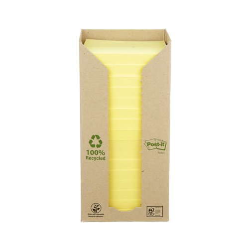 Post-it Recycled Notes, Canary Yellow, 76 mm x 76 mm, 100 Sheets/Pad, 16 Pads/Pack, 100% PEFC Recycled SGSCH-PEFC-COC-110078