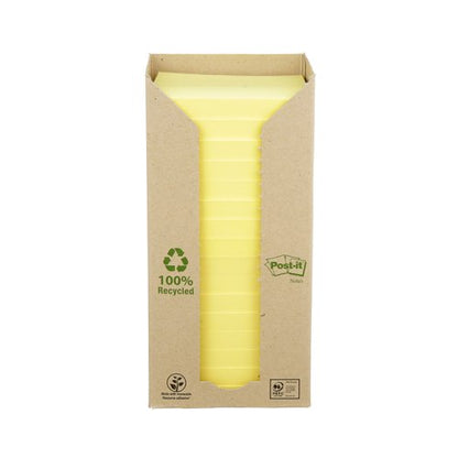 Post-it Recycled Notes, Canary Yellow, 76 mm x 76 mm, 100 Sheets/Pad, 16 Pads/Pack, 100% PEFC Recycled SGSCH-PEFC-COC-110078