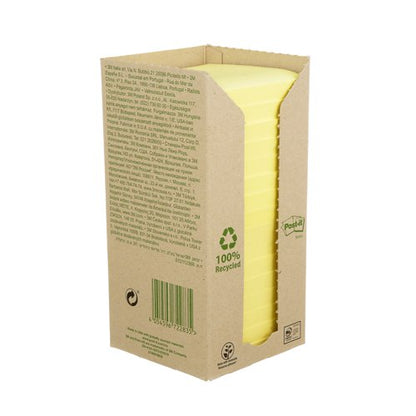 Post-it Recycled Notes, Canary Yellow, 76 mm x 76 mm, 100 Sheets/Pad, 16 Pads/Pack, 100% PEFC Recycled SGSCH-PEFC-COC-110078
