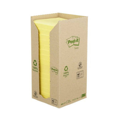 Post-it Recycled Notes, Canary Yellow, 76 mm x 76 mm, 100 Sheets/Pad, 16 Pads/Pack, 100% PEFC Recycled SGSCH-PEFC-COC-110078