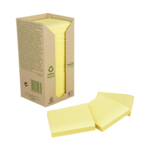 Post-it Recycled Notes, Canary Yellow, 76 mm x 76 mm, 100 Sheets/Pad, 16 Pads/Pack, 100% PEFC Recycled SGSCH-PEFC-COC-110078