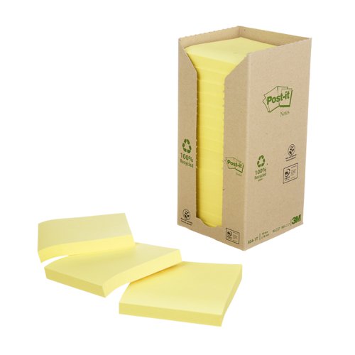 Post-it Recycled Notes, Canary Yellow, 76 mm x 76 mm, 100 Sheets/Pad, 16 Pads/Pack, 100% PEFC Recycled SGSCH-PEFC-COC-110078