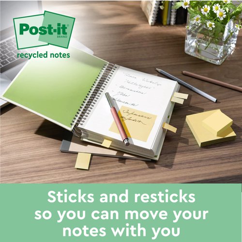 Post-it Recycled Notes, Canary Yellow, 76 mm x 76 mm, 100 Sheets/Pad, 16 Pads/Pack, 100% PEFC Recycled SGSCH-PEFC-COC-110078