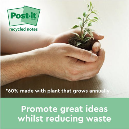 Post-it Recycled Notes, Canary Yellow, 76 mm x 76 mm, 100 Sheets/Pad, 16 Pads/Pack, 100% PEFC Recycled SGSCH-PEFC-COC-110078