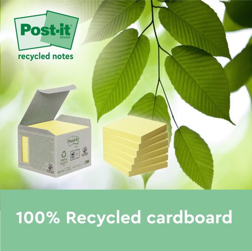 Post-it Recycled Notes, Canary Yellow, 76 mm x 76 mm, 100 Sheets/Pad, 16 Pads/Pack, 100% PEFC Recycled SGSCH-PEFC-COC-110078