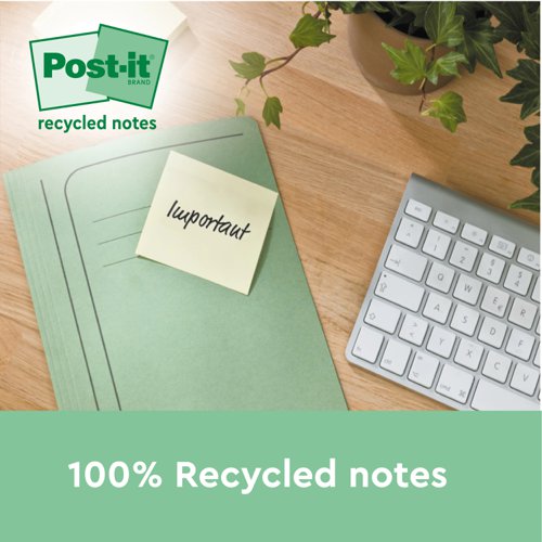 Post-it Recycled Notes, Canary Yellow, 76 mm x 76 mm, 100 Sheets/Pad, 16 Pads/Pack, 100% PEFC Recycled SGSCH-PEFC-COC-110078