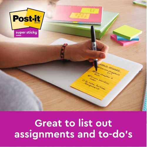 Post-it Large Notes, Assorted Neon Colours, Lined, 101 mm x 152 mm, 100 Sheets/Pad, 6 Pads/Pack, 100% PEFC SGSCH-PEFC-COC-110078