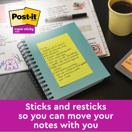 Post-it Large Notes, Assorted Neon Colours, Lined, 101 mm x 152 mm, 100 Sheets/Pad, 6 Pads/Pack, 100% PEFC SGSCH-PEFC-COC-110078