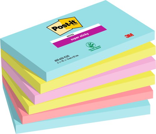 Post-it Super Sticky Notes, Cosmic Colour Collection, 76 mm x 127, 76 mm, 90 Sheets/Pad, 6 Pads/Pack, 100% PEFC SGSCH-PEFC-COC-110078