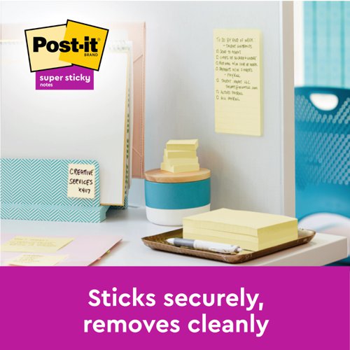 Post-it Super Sticky Notes, Canary Yellow, 76 mm x 76 mm, 90 Sheets/Pad, 12 Pads/Pack, Cardboard Pack, 100% PEFC SGSCH-PEFC-COC-110078