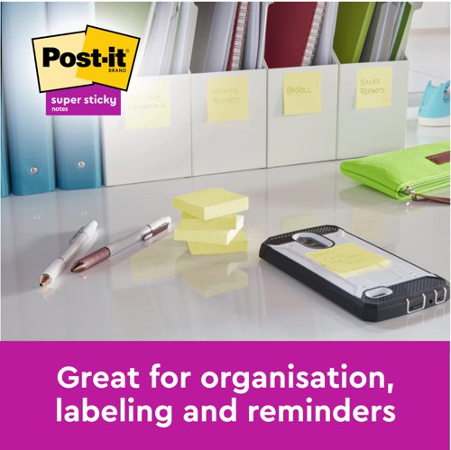 Post-it Super Sticky Notes, Canary Yellow, 76 mm x 76 mm, 90 Sheets/Pad, 12 Pads/Pack, Cardboard Pack, 100% PEFC SGSCH-PEFC-COC-110078