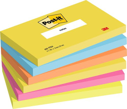 Post-it Notes, Energetic Colour Collection, 76 mm x 127, 76 mm, 100 Sheets/Pad, 6 Pads/Pack, 100% PEFC SGSCH-PEFC-COC-110078