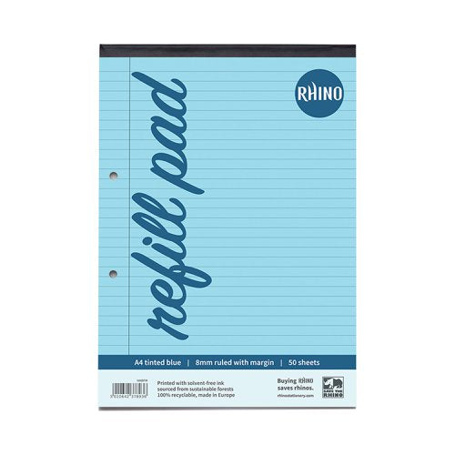 RHINO A4 Special Refill Pad 50 Leaf, Blue, Green, Yellow Tinted Paper, F8M (Pack of 6)