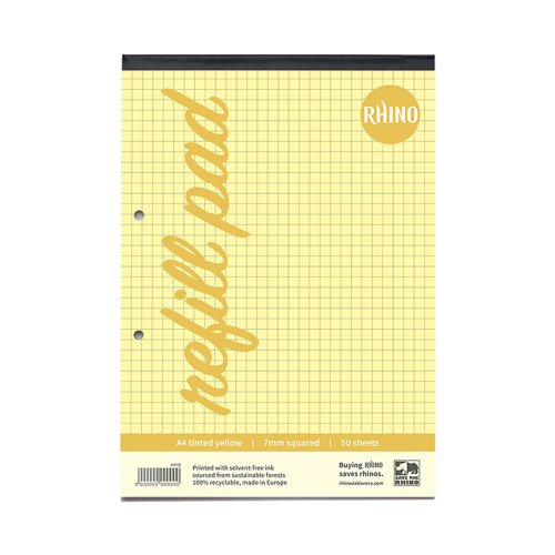 RHINO A4 Yellow Paper Refill Pad 100 Page 7mm Squared (Pack of 6, 36)