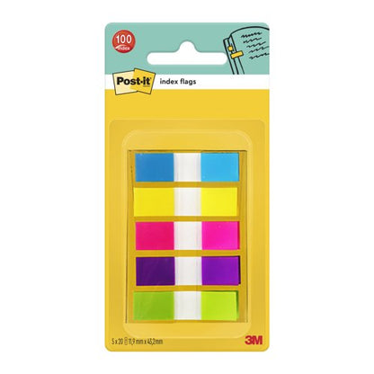 Post-it Index Flags, Small, Assorted Neon Colours, 11.9 mm x 43.2 mm, 100 Flags/Dispenser, 1 Dispenser/Pack