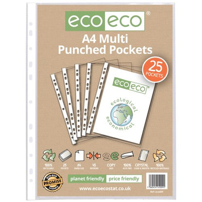 Eco Eco A4 100% Recycled Bag Multi Punched Pockets - Pack of 25, A5 100% Recycled Bag Multi Punched Pockets - Pack of 25, A4 100% Recycled Bag Multi Punched Pockets - Pack of 50, A4 100% Recycled Bag Multi Punched Pockets - Pack of 100