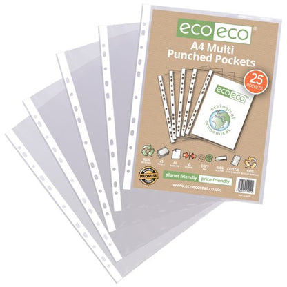 Eco Eco A4 100% Recycled Bag Multi Punched Pockets - Pack of 25, A5 100% Recycled Bag Multi Punched Pockets - Pack of 25, A4 100% Recycled Bag Multi Punched Pockets - Pack of 50, A4 100% Recycled Bag Multi Punched Pockets - Pack of 100