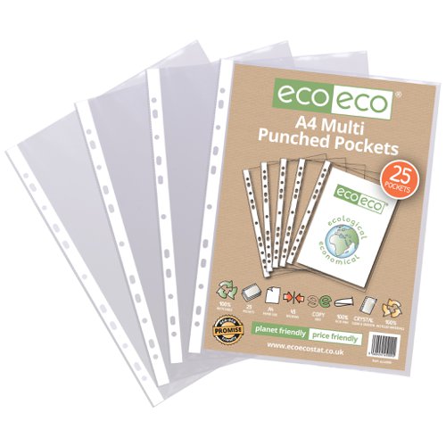 Eco Eco A4 100% Recycled Bag Multi Punched Pockets - Pack of 25, A5 100% Recycled Bag Multi Punched Pockets - Pack of 25, A4 100% Recycled Bag Multi Punched Pockets - Pack of 50, A4 100% Recycled Bag Multi Punched Pockets - Pack of 100