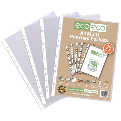 Eco Eco A4 100% Recycled Bag Multi Punched Pockets - Pack of 25, A5 100% Recycled Bag Multi Punched Pockets - Pack of 25, A4 100% Recycled Bag Multi Punched Pockets - Pack of 50, A4 100% Recycled Bag Multi Punched Pockets - Pack of 100